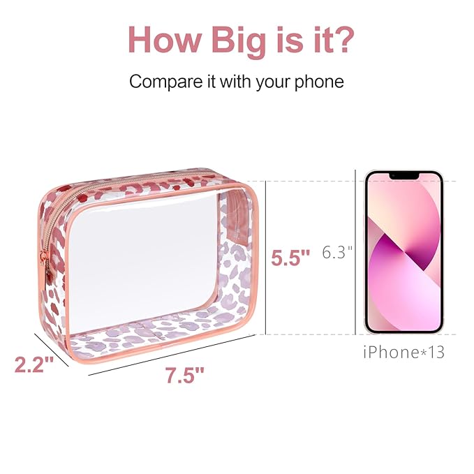 PACKISM TSA Approved Toiletry Bag - Rose Gold Leopard Print Clear Makeup Bag, Suitable for Gifts, with Supporting Frame, Perfect for Travel Essentials, Thick No Smell