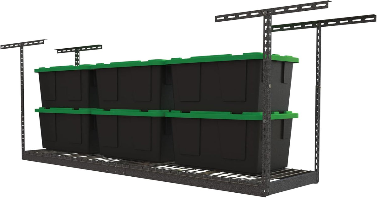 MonsterRax Overhead Garage Storage Rack 2x8, Ceiling Mounted Shelving, Adjustable Hanging Organizer, Heavy Duty Steel, 350 Pound Capacity, Color: Hammertone, Adjusts 18-33" from Ceiling