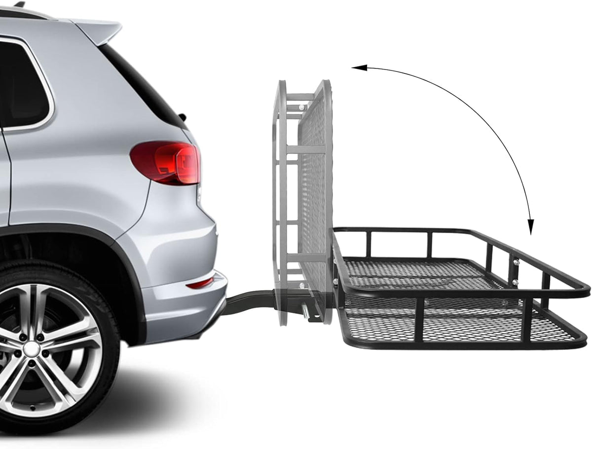 WEIZE Folding Hitch Mount Cargo Carrier Basket 60" X 20" X 6"+ Waterproof Cargo Bag, Hauling Weight Capacity of 500 Lbs and A Folding Arm, with Hitch Stabilizer, Net and Straps