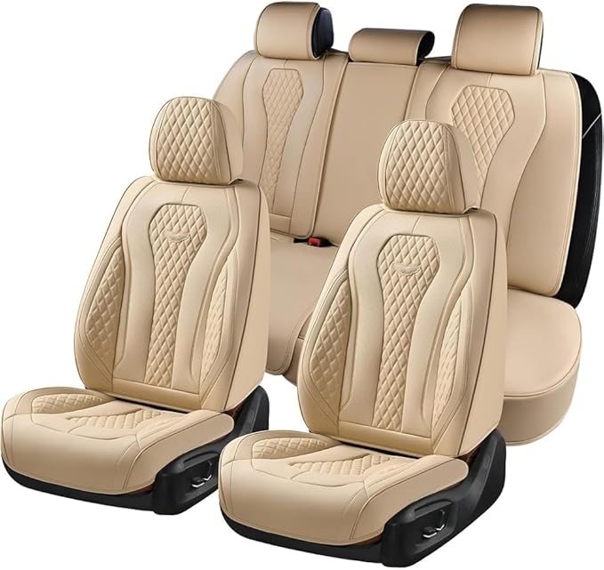 Coverado Automotive Seat Covers, Car Seat Covers Full Set, Beige Car Seat Cover, Car Seat Cushion Waterproof, Front Seats Back Seat Covers, Car Seat Protector Universal Fit Most Cars