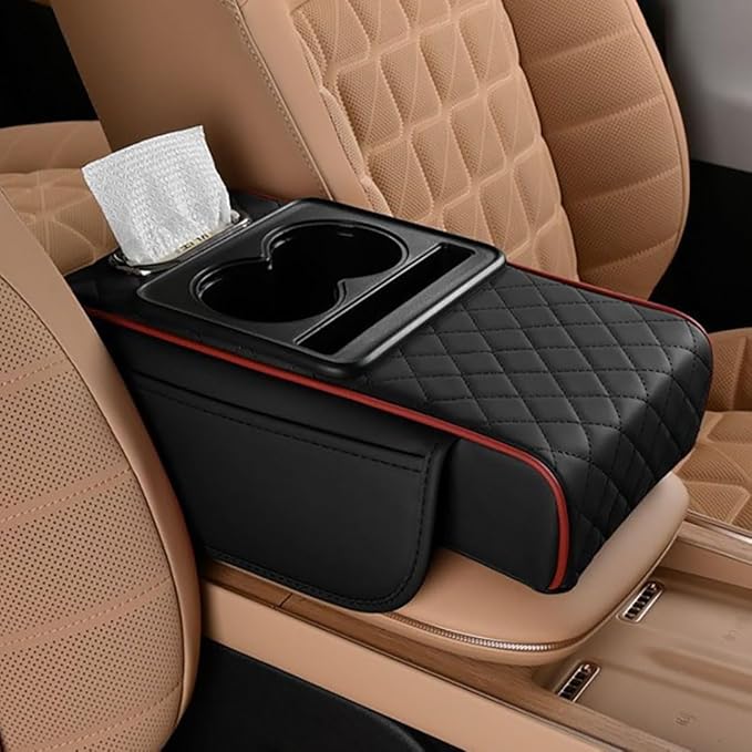Car Armrest Cushion,5-in-1 Center Console Cover with 2 Storage Bags Cup Holder, Tissue Box Slot, Phone Slot for Sedans, Car Accessories Interior Organizers (Black red)