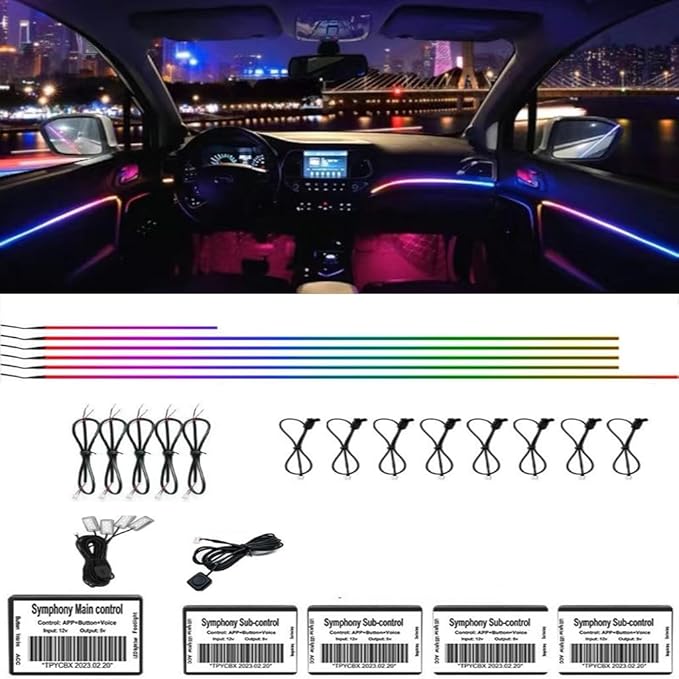 Acrylic Interior Car LED Strip Light APP Control, RGB Symphony Color 18 in 1 570 LEDs Fiber Optic Ambient Lighting Kits, 16 Million Colors Sound Active Function Car Neon Lights (18 in 1)
