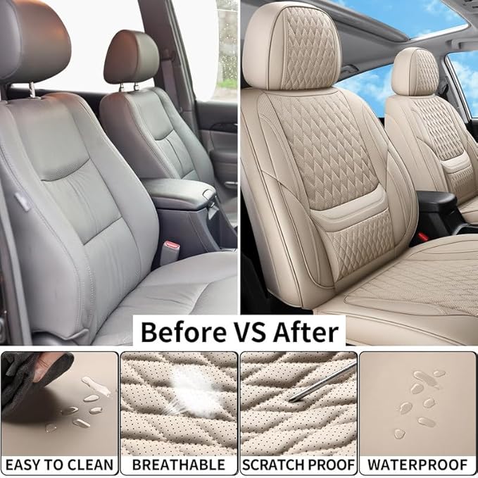 Front Seat Car Seat Covers Custom Fit for Pontiac Vibe 2003-2010 - Premium Faux Leather with Lumbar Support | Breathable, Waterproof, Anti-Slip, Durable (Beige,Front Seat)
