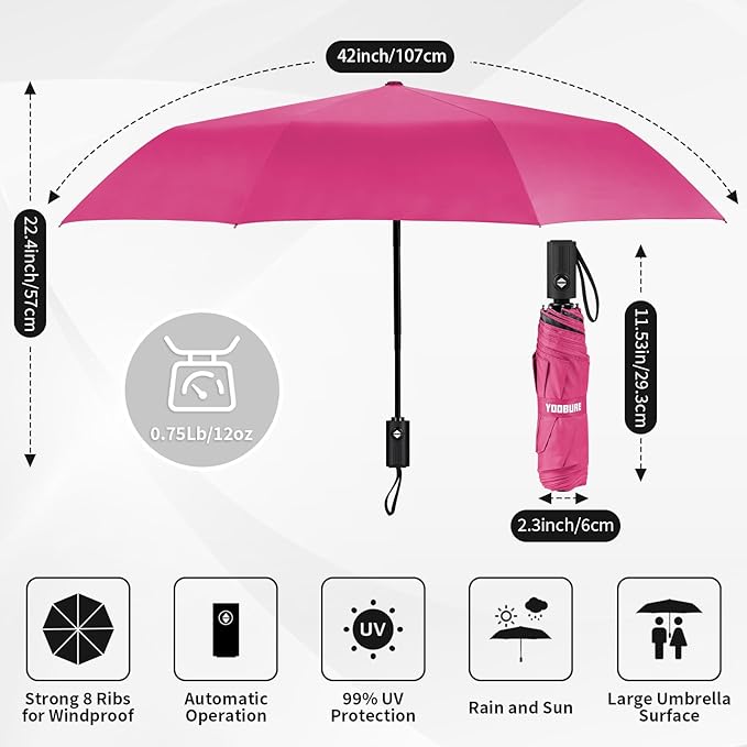 Yoobure Windproof Travel Umbrella - Automatic Umbrellas for Rain, Compact Folding Umbrella with UV Protection, Lightweight Portable Design for Backpack/Walking/Car, Sun & Storm Ready