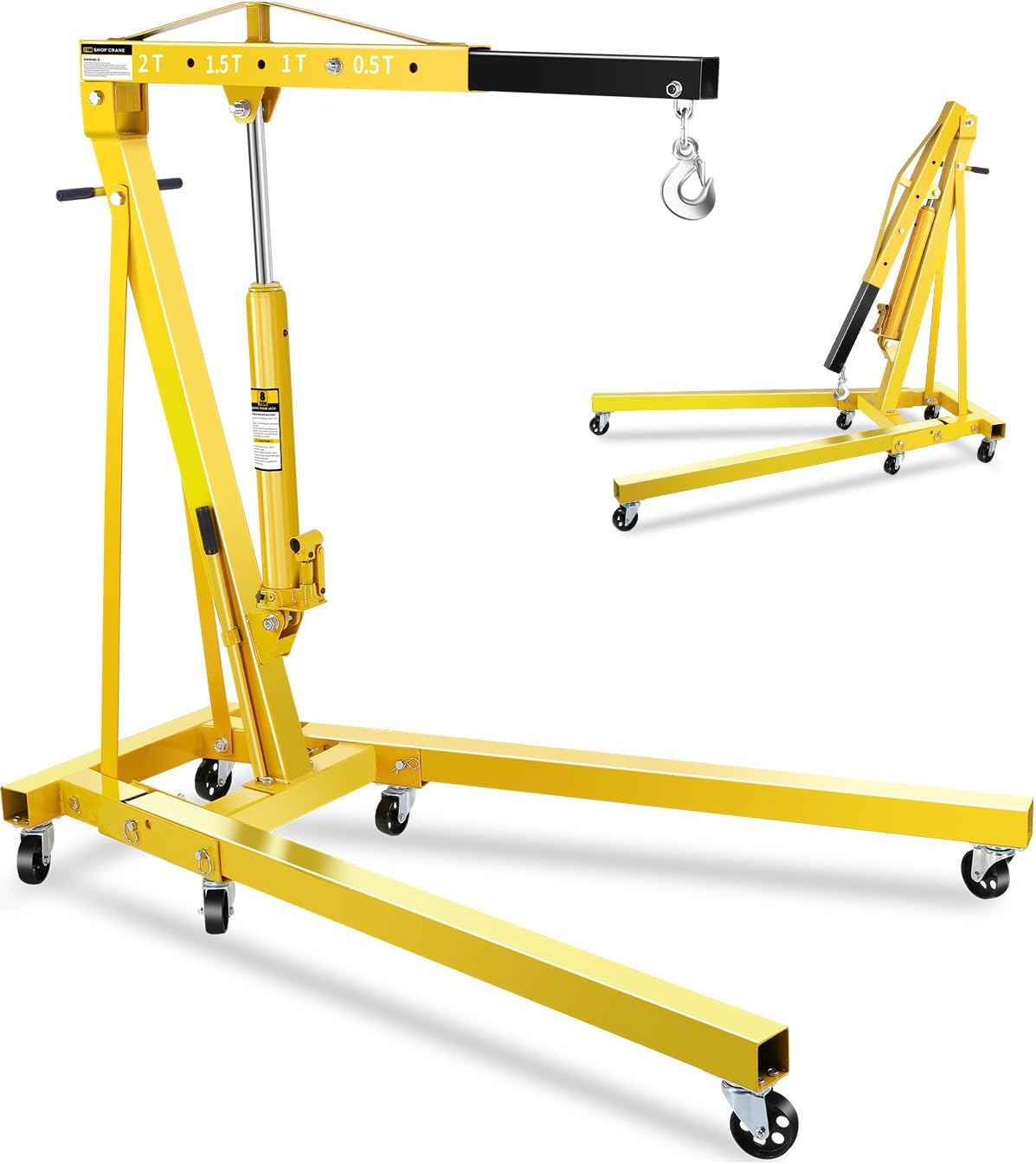 2-Ton Folding Engine Hoist, Hydraulic Shop Crane with 6 Swivel Wheels & Adjustable Boom (0.5T-2T), Heavy-Duty Cherry Picker for Garage, Workshop, Truck, Farm (Net Wt. 157 lbs)
