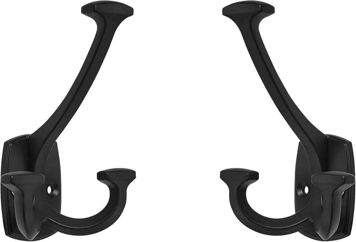 Large Wall Double-Sided Hook 5 Pack Matte Black Hook Decorative Heavy Duty Solid Large Coat Hooks for Towel Hanging Coats Robe Towel Bags Door Back 2 Prong Hooks