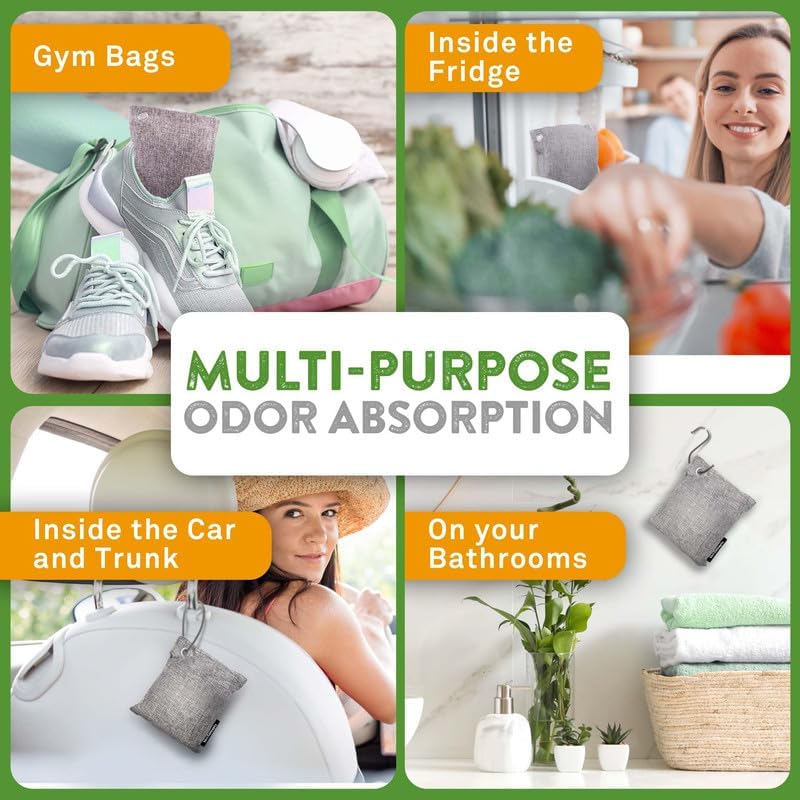 Charcoal Odor Absorber for Strong Odor (6 Pack, 100g each), Bamboo Charcoal Air Purifying Bag, Basement Musty Odor Eliminator Deodorizer, Activated Charcoal Odor Absorber for Closet, Shoe, Car