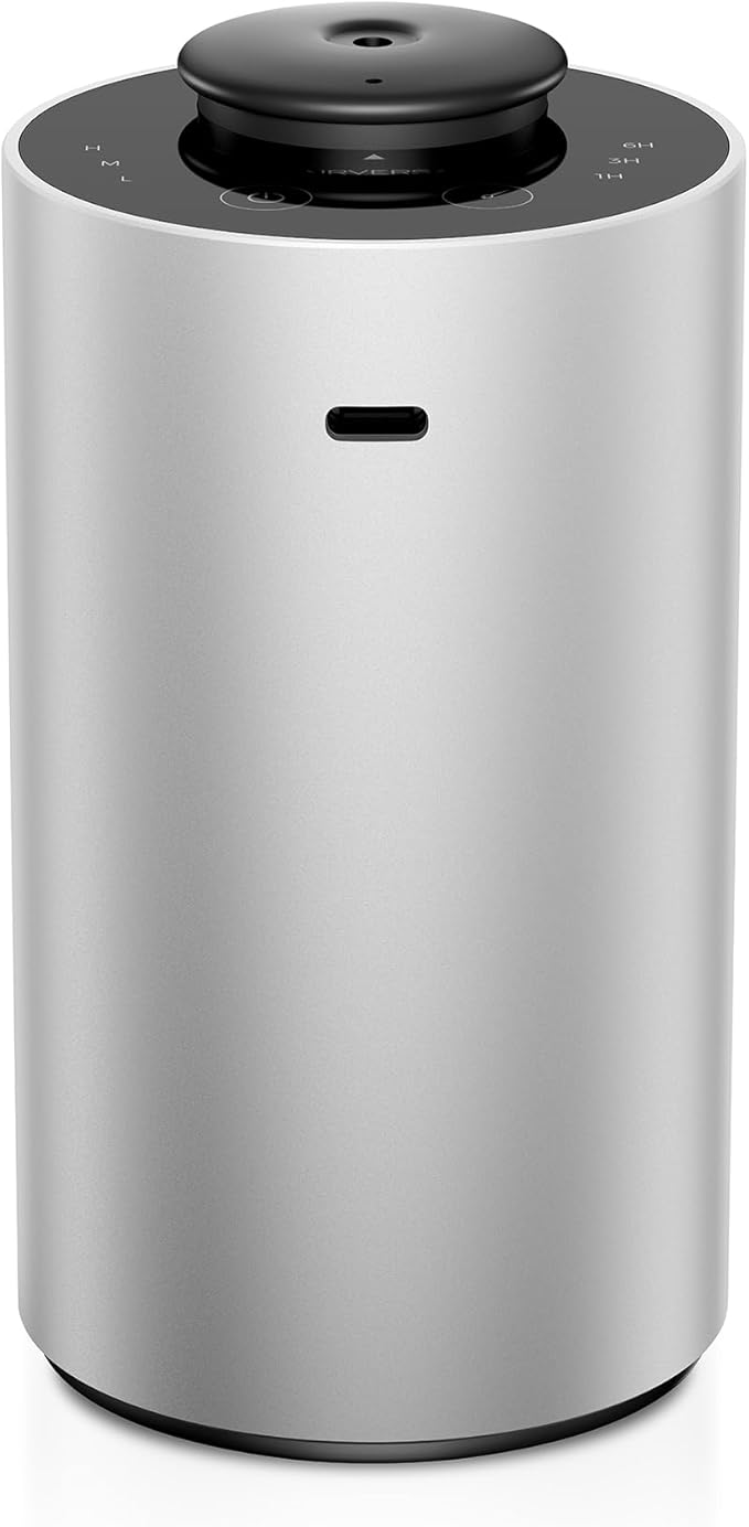 Airversa Waterless Essential Oil Diffuser for Home Aromatherapy Scent Diffusers with 3 Countdown Timer Settings or Timer-Off, 3 Mist Levels for Car Room Studio Office, ANX Premium Metal Silver