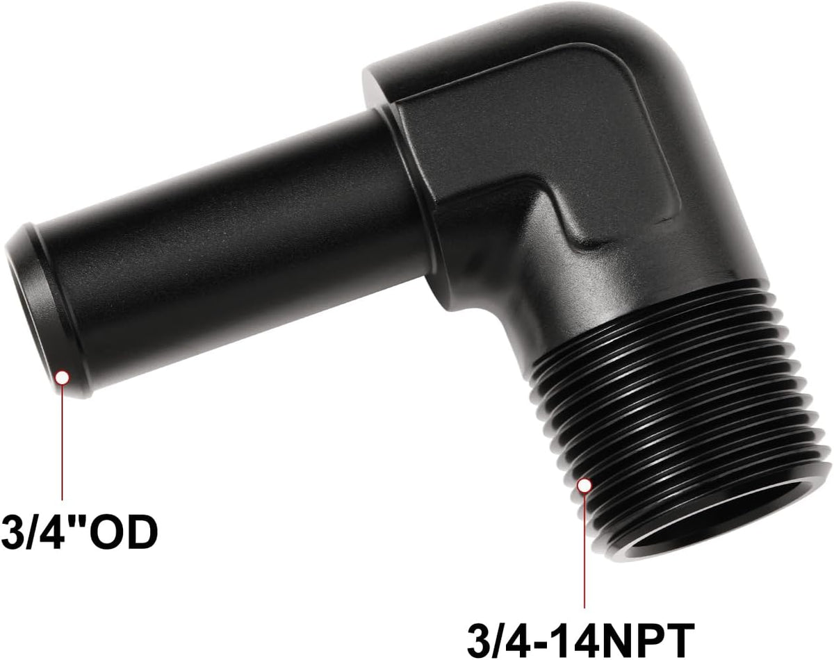 3/4 NPT Male to 3/4" Hose Barb Fitting Adapter 90 Degree Elbow Aluminum Black