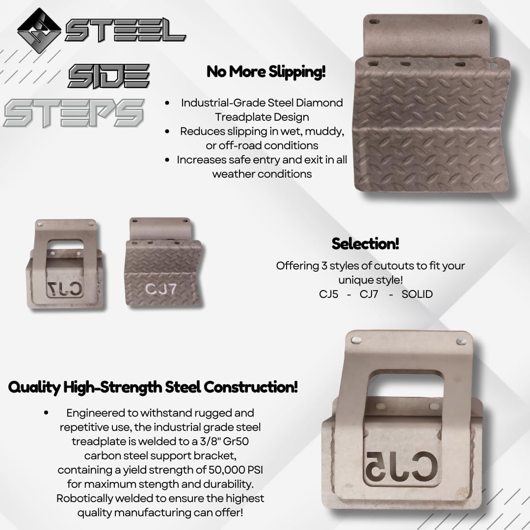 CJ5 Side Steps Compatible with Jeep © CJ Vehicles (Pair) - Solid Steel Construction - Metal Diamond Treadplate Traction Design - Universal Fitment on Classic CJ-5 (CJ7) (Solid-Black)