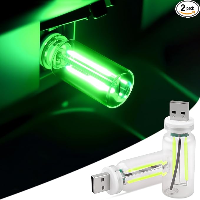 2PCS USB Lights for Car, Touch Dimmable Retro Car Lamp Interior LED Ambient Lighting, Portable Mini Glass Bottle LED Bulb Night Light for Vehicle Bedroom Hallway Camping Holiday Decoration (Green)