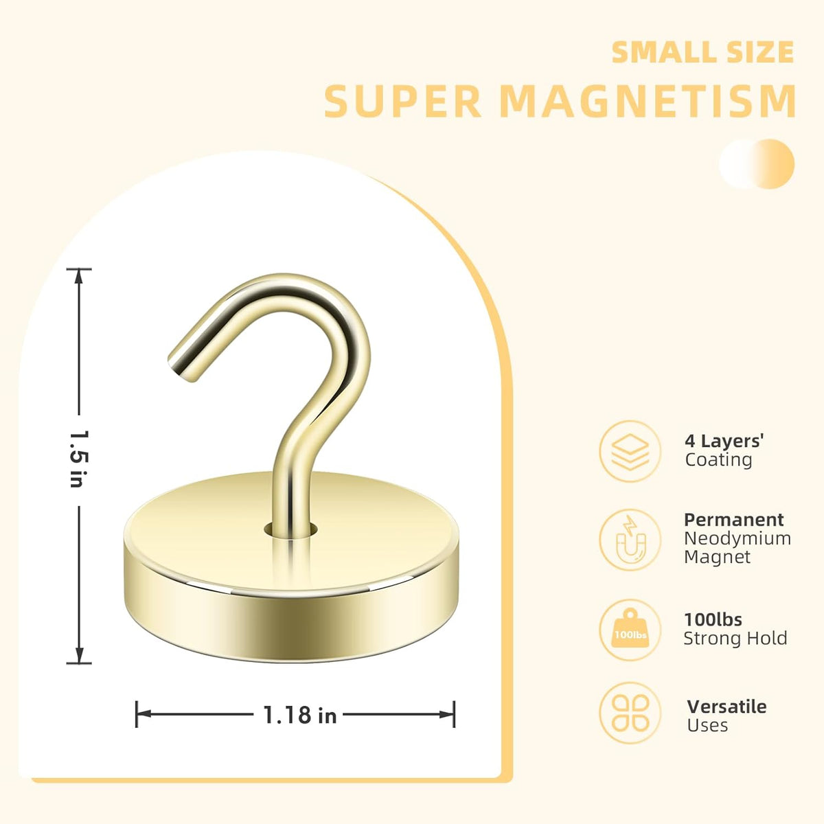 Neosmuk Magnetic Hooks, Cruise Ship Essentials, 100lb+ Heavy Duty Magnetic Hooks for Cruise Cabins, Refrigerator, Grill, Hanging, and Travel | Extra Strong Must-Haves Magnet Hook,Gold