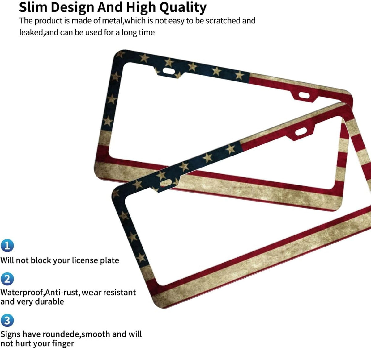 Patriotic License Plate Frame,American Flag License Plate Frame,Flag License Plate Frame US Car Tag Frames Holders Covers Stainless Aluminum 2 Pack 2 Holes Car Accessories