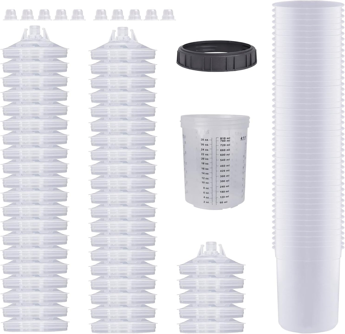 Disposable Paint Cups for Automotive Paint Gun, HVLP Paint Spray Gun 27 Ounce (800ml) Kit with 50 Cups and Lids Systerm, 1 Hard Cup with Retainer Ring and 10 Plugs