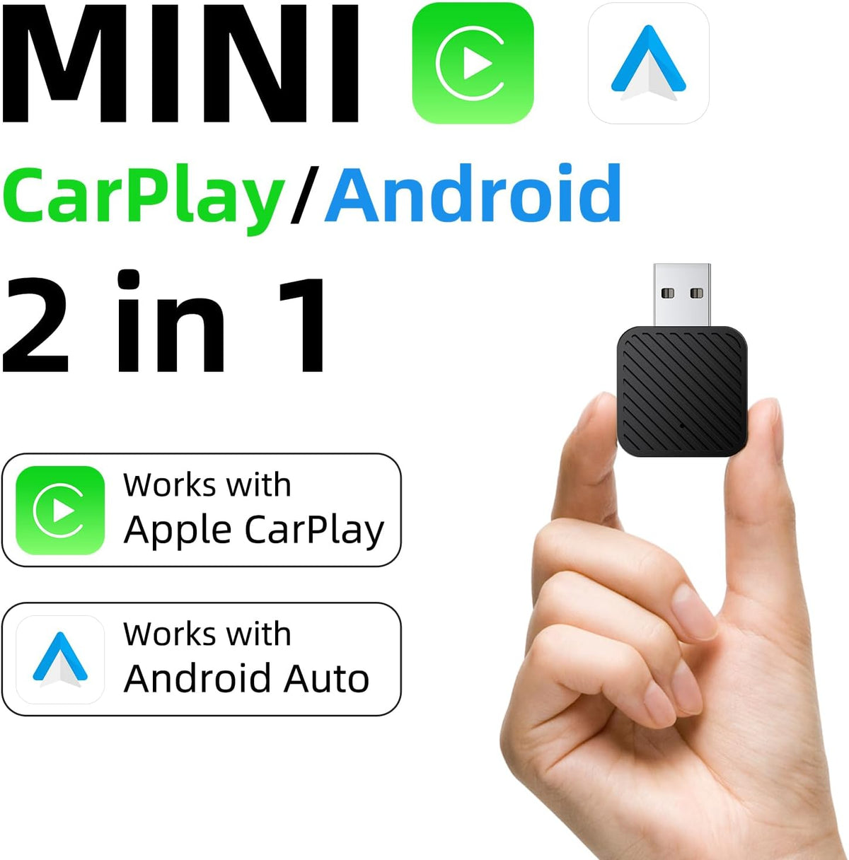 Mini Wireless CarPlay Adapter for iPhone, 2 in 1 CarPlay and Android Auto Wireless Adapter for Cars, Wired to Wireless, Plug & Play, Stable Fast Connection for Android 11+ and CarPlay iOS 10+
