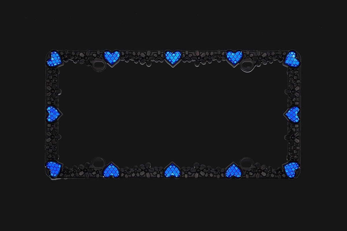 Creathome 3D Daisy Heart License Plate Frame from Pure Zinc Alloy Metal Perfect Plate Holder, Matt Black Daisy with Blue Reflective Heart