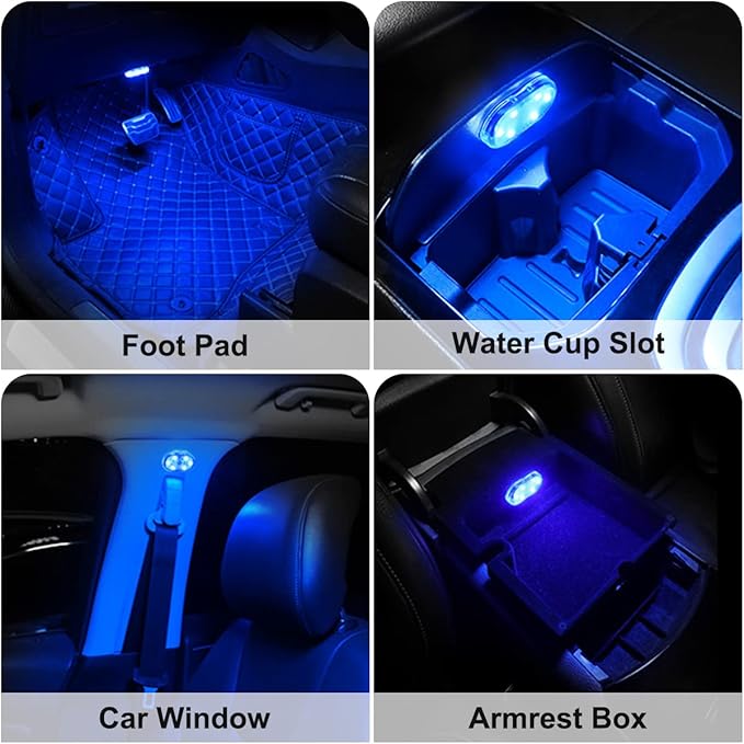 4Pcs Car LED Lights Interior Wireless, 7 Colors Interior Car Lights with 6 Bright LED Lamp Beads, Portable USB Rechargeable Car Interior Led Night Light for Car Decor