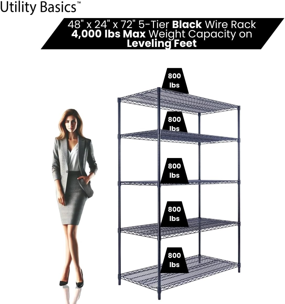 48"x24"x72" Black 5-Tier Premium Wire Shelving NSF 4000 LBS MAX Capacity Heavy Duty Steel Storage Rack for Warehouses, Garages, Hospitals, Commercial Spaces, & Schools w/Premium Wheels