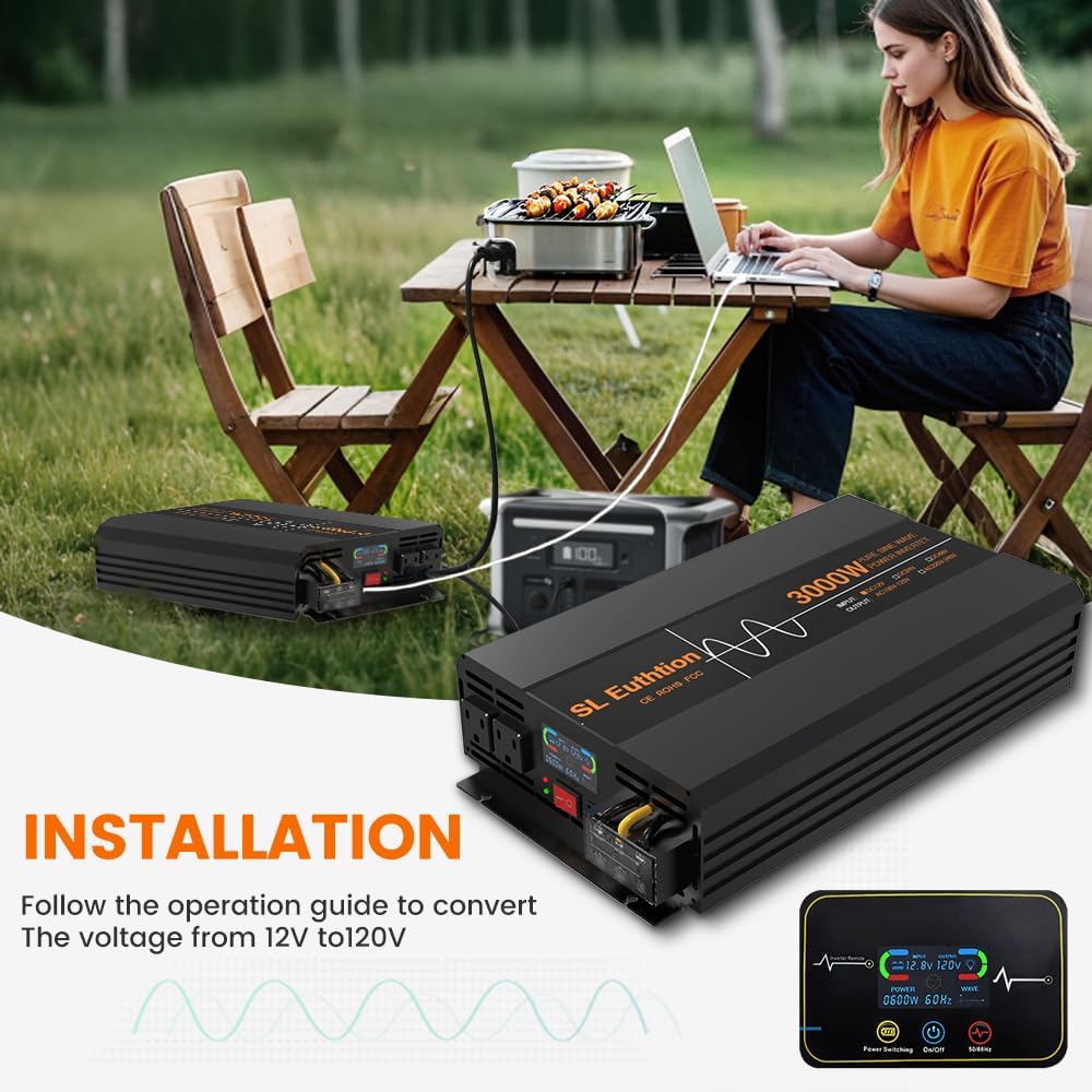3000W/6000W(Peak) Pure Sine Wave Car Power Inverter 12V DC to 120V AC 60HZ with LCD Display, USB Port, Wireless Remote Control（10M) for Car Home Laptop Truck