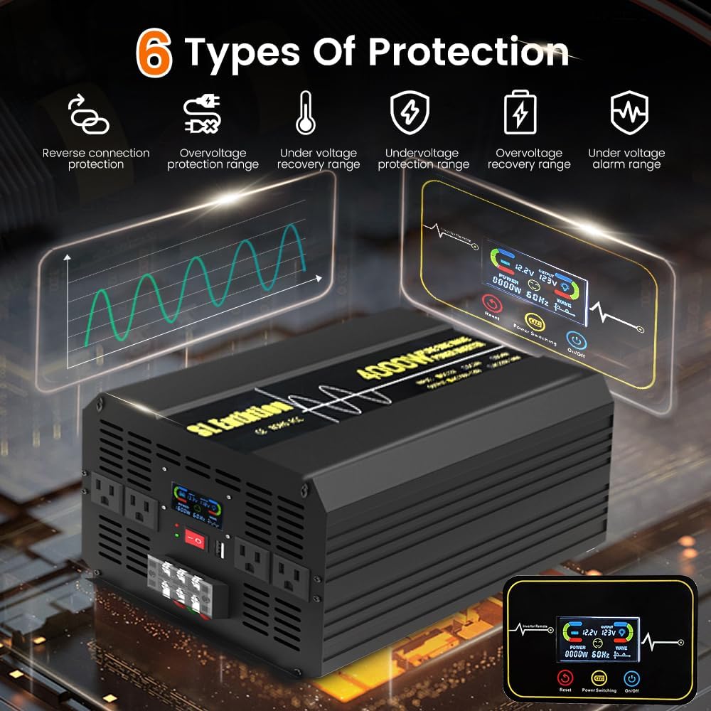 4000W Pure Sine Wave Power Inverter 12V DC to 120V AC 60HZ with LCD Display, USB Port, Wireless Remote Control（10M）, Solar, Outdoor