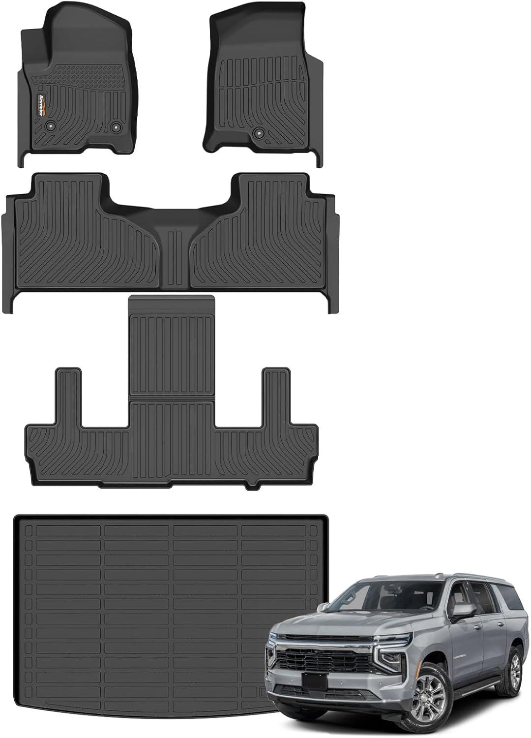 Binmotor-Floor Mats & Cargo Liner for Chevy Suburban 2021-2025丨GMC Yukon XL 2021-2025 (with 2nd Row Bucket Seat), 7 Passenger, All Weather Car Floor Mats Accessories for GMC Yukon XL