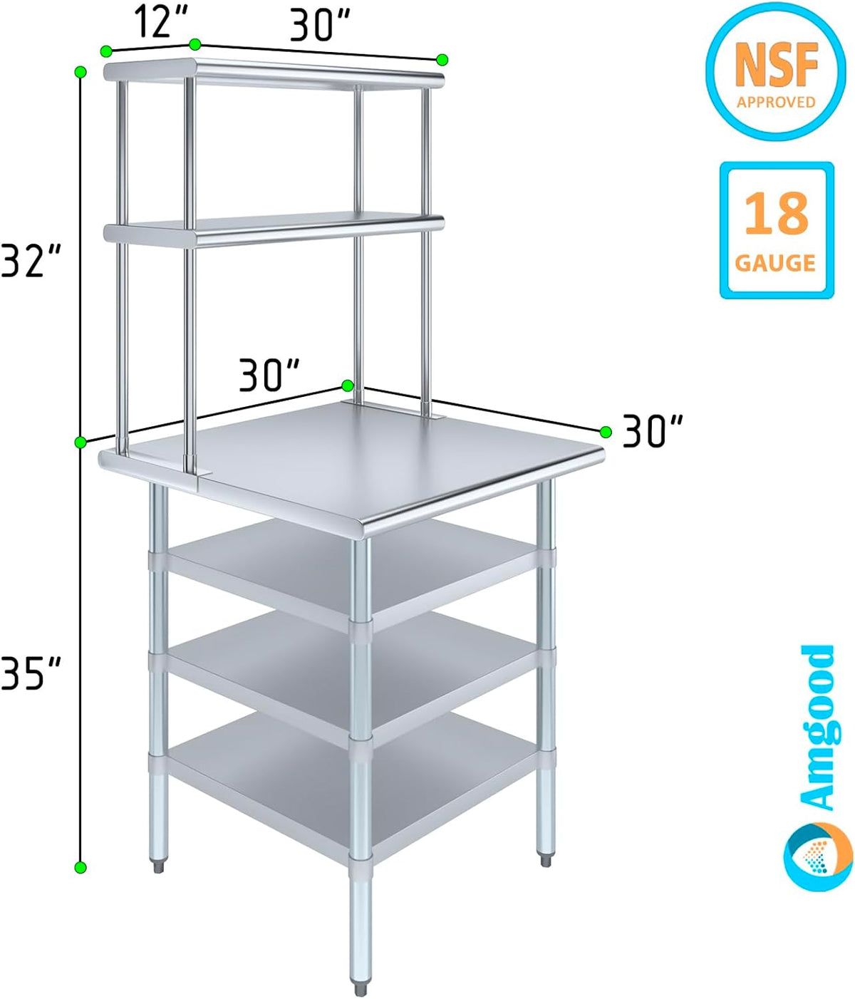 Amgood 30" x 30" Stainless Steel Work Table with 3 Shelves and 12" Wide Double Tier Overshelf | Metal Kitchen Prep Table & Shelving Combo | NSF
