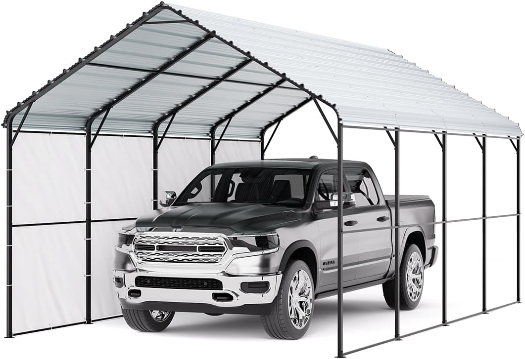 VEVOR Heavy Duty Metal Carport, 12' x 20' Outdoor Carport with Galvanized Steel Frame & Roof, Car Tent Garage Shade with Removable Sidewalls, Multi-Use Car Shelter for Pickup, Boat, Car & Tractors