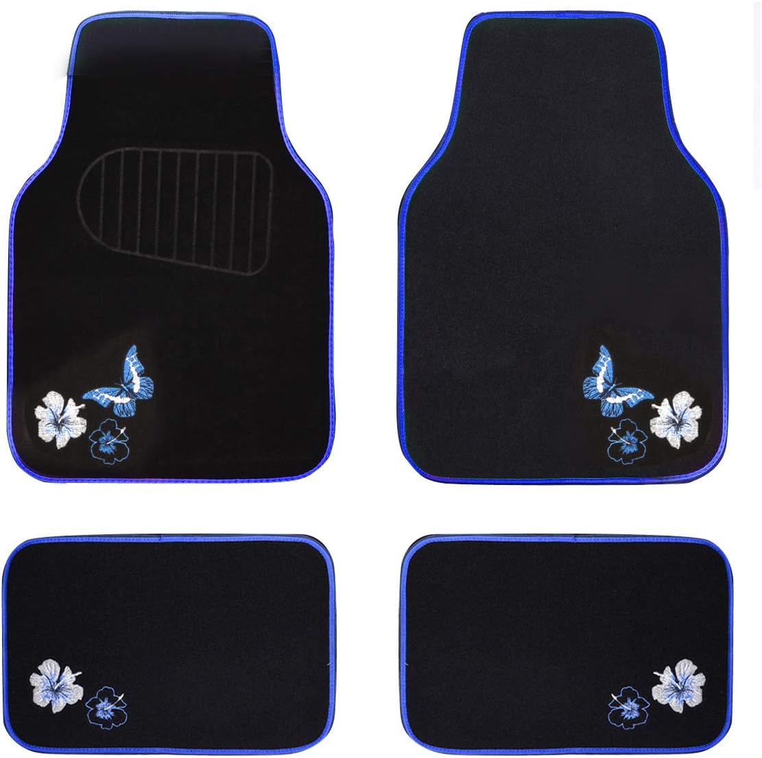 CAR PASS Universal Fit Embroidery Butterfly and Flower Car Floor Mats, Blue Car Floor Mats Fit 95% Automotive,SUVS,Sedan,Vans,for Women,Girly,Set of 4 (Black with Blue)