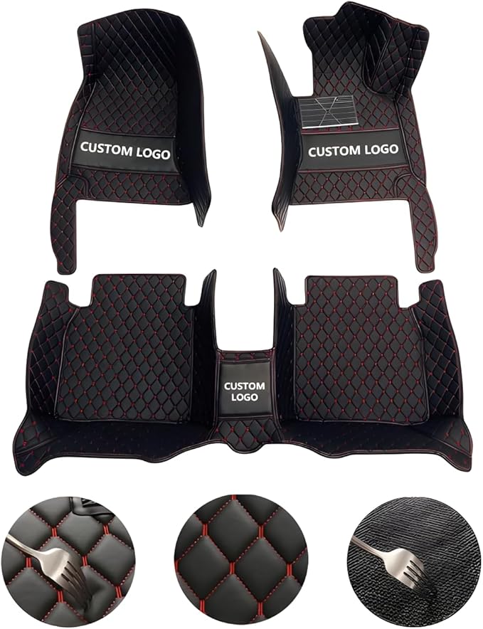Customize Car Floor Mats for 99% Sedan SUV Sports Car All Weather Leather Full Coverage Waterproof Non-Slip Vehicle Lining Pads (Black Green Stitching)
