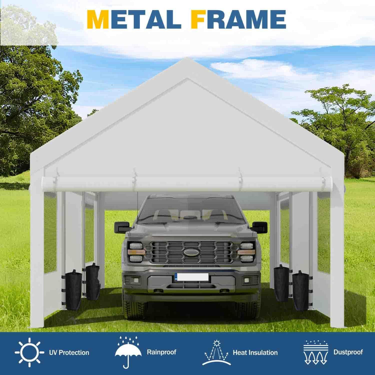 JAMFLY 12x20 ft Heavy Duty Carport with Roll-up Windows & Removable Sidewalls & Doors – Portable Garage Canopy with All-Season Tarp, Sandbags for Car, Truck, Boat, Motorcycle, White