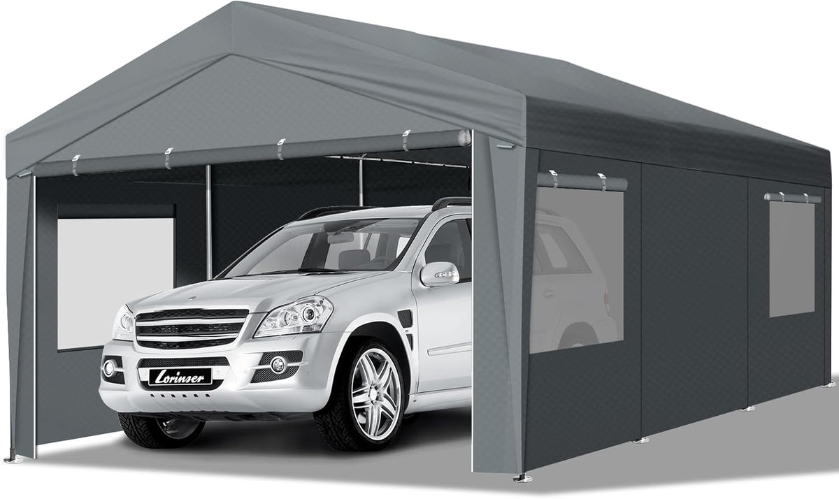 VINGLI 12x20 Carport Canopy Portable Garage with Roll-up Windows & Removable Sidewalls, Car Canopy Heavy Duty Car Tent for SUV, Boats, RVs, Trucks (with Sidewalls)