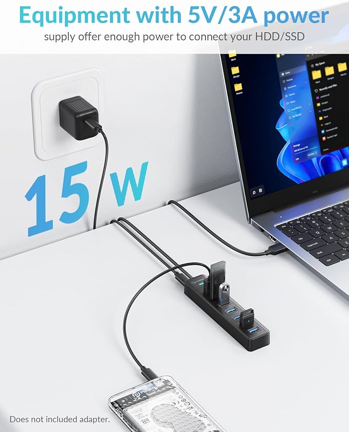 PHIXERO 7 Port USB Hub 3.2 with 1.6FT/50CM Long Cable, Multiport Adapter and Splitter for PC, Compatible with All USB 3.2/2.0/1.1 Devices