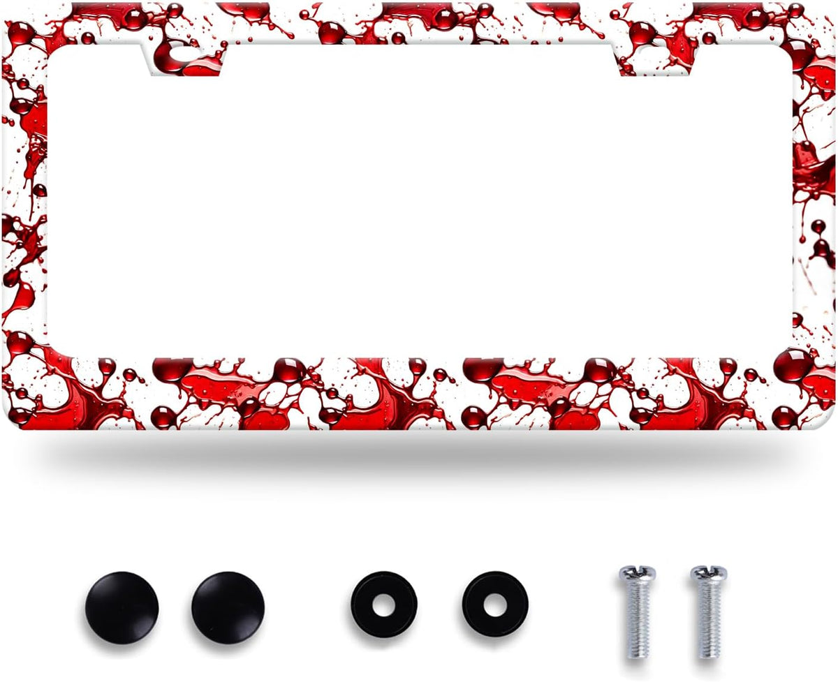 Scarry Blood Splattered License Plate Frame Halloween License Plate Stainless Steel Funny License Plate Holder Men Women Car Accessories Decoration With Screws Fits Standard Vehicles Size 12.3" x 6.3"