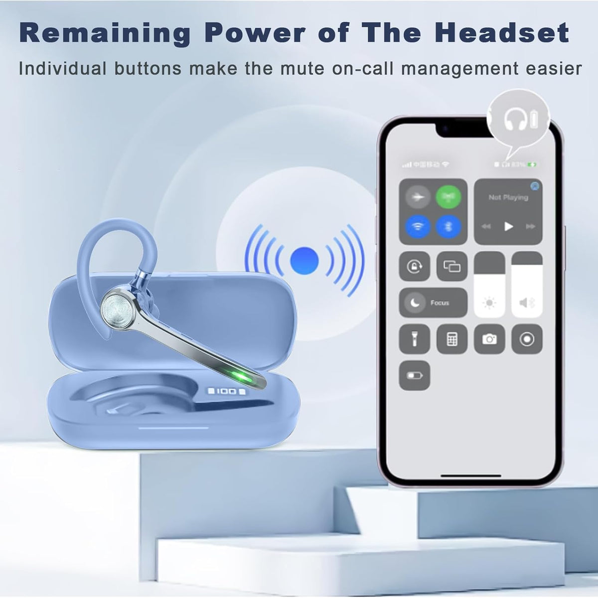 Bluetooth Headset, Wireless Bluetooth Earpiece with 500mAh Charging Case 72 Hours Talking Time Built-in Microphone for iOS Android Cell Phone, V5.1Hand-Free Headphones for Trucker-SkyBlue