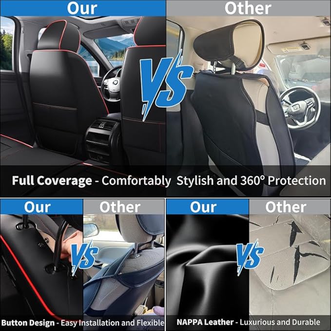 Car Seat Covers Full Set Custom Fit for Mercury Grand Marquis 1995-2011-Luxury Leather with Lumbar Support, Breathable, Waterproof, Anti-Slip, Durable, Easy to Install (Black&Red,Full Set)