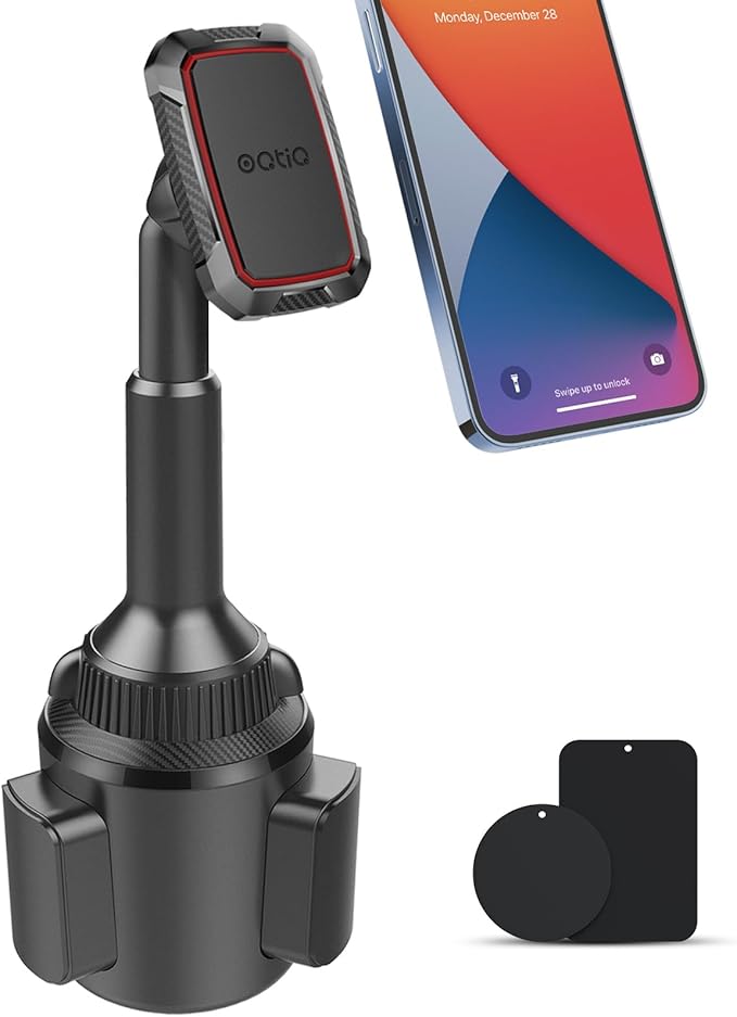 OQTIQ Magnetic Phone Cup Holder for Car - Adjustable Height & Multi-Angle - One-Hand Operation - Compatible with Samsung, Google, & More - Black, Not for MagSafe