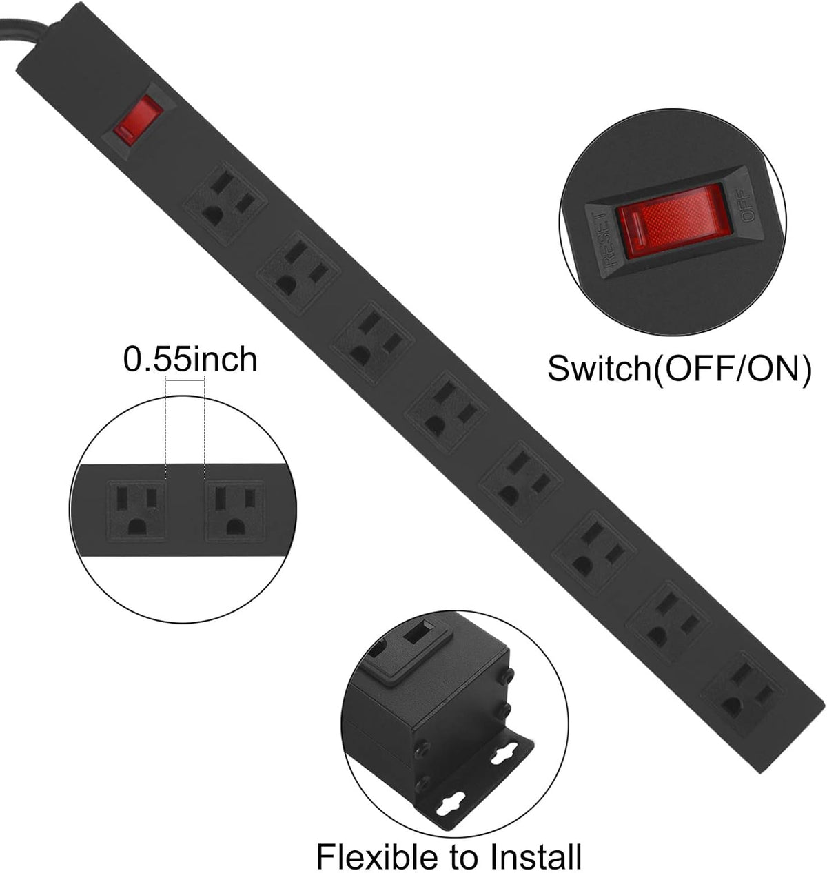 HHSOET Metal Wide Spaced Power Strip, 8 Outlets, Black, 1200J Surge Protector, 15A, 125V, 60Hz, 1875W