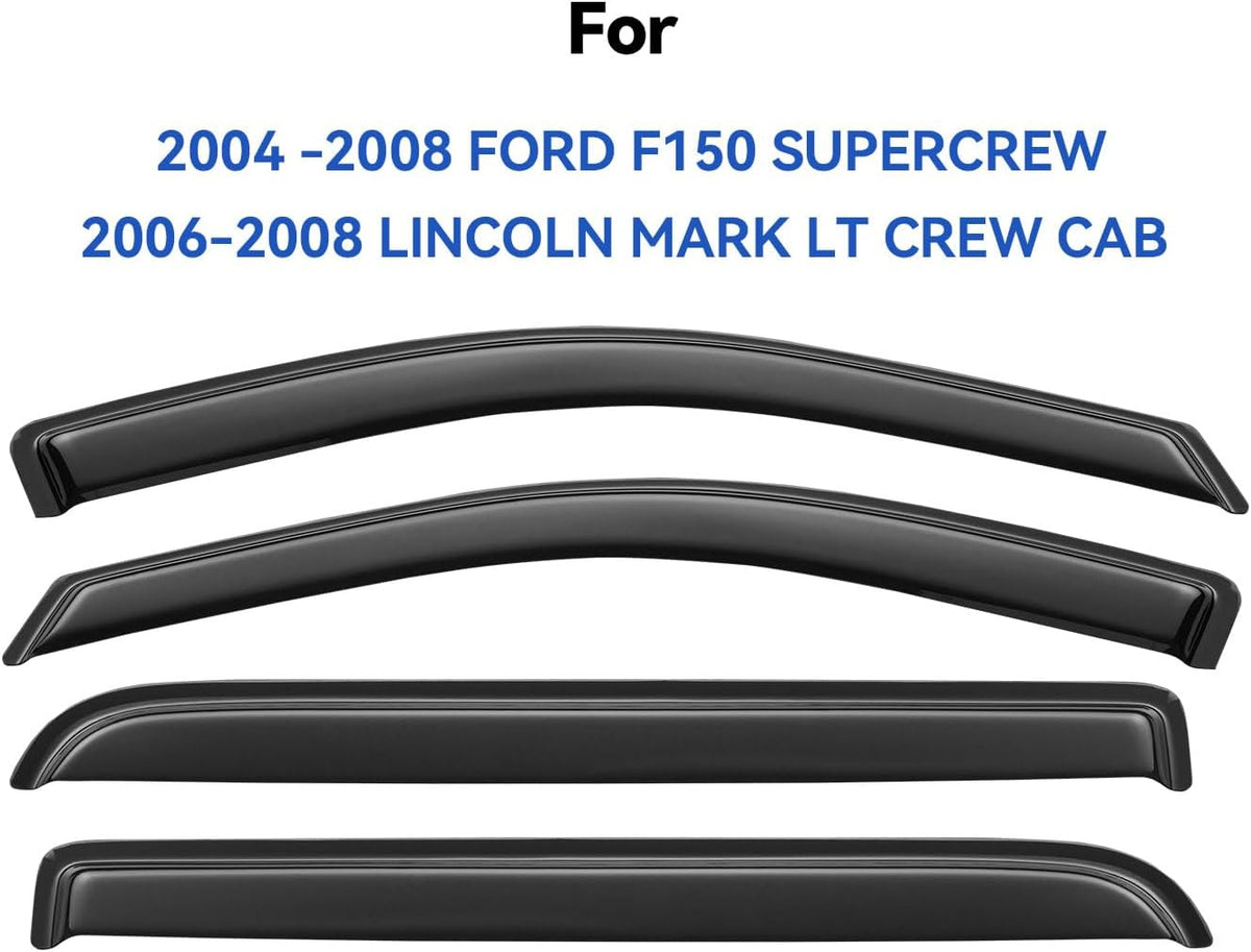 Window Visors Rain Guards for 2004 2005 2006 2007 2008 Ford F150 SuperCrew, Out-Channel Window Vent Wind Deflectors Visors Shades for 06 07 08 Lincoln Mark LT