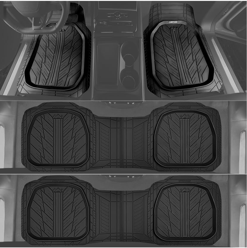 CAR PASS 3 Row Heavy Duty Rubber Car Mats, Deep-Dish All-Weather Floor Mats for 7 Seats 8 Seater 2nd & 3rd, Waterproof Universal Trim to Fit Liner Van,SUV,MPV,7 Passengers Vehicle,(Black 3 Row)