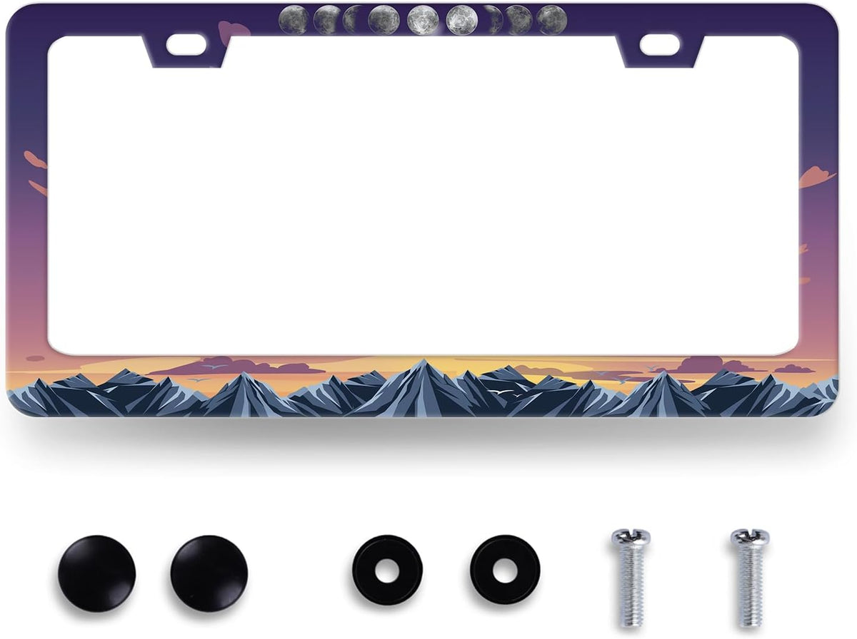 Moon Phase License Plate Frame Mountain Night Stars License Plate Holder Front and Rear Car Tags Stainless Steel Auto Parts Funny License Plate Decoration with Screws Men Women 12.2"x 6.2"