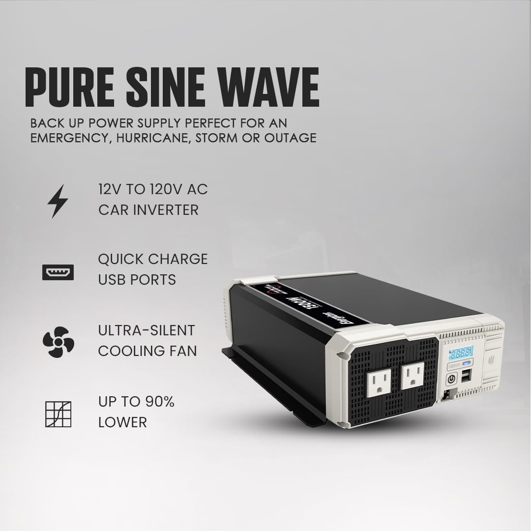 Energizer 1500 Watt 12V Pure Sine Inverter Dual AC Outlets & USB, Installation Kit Included, Automotive Power for Power Tools, Camping & Car Accessories - ETL Approved Under UL STD 458
