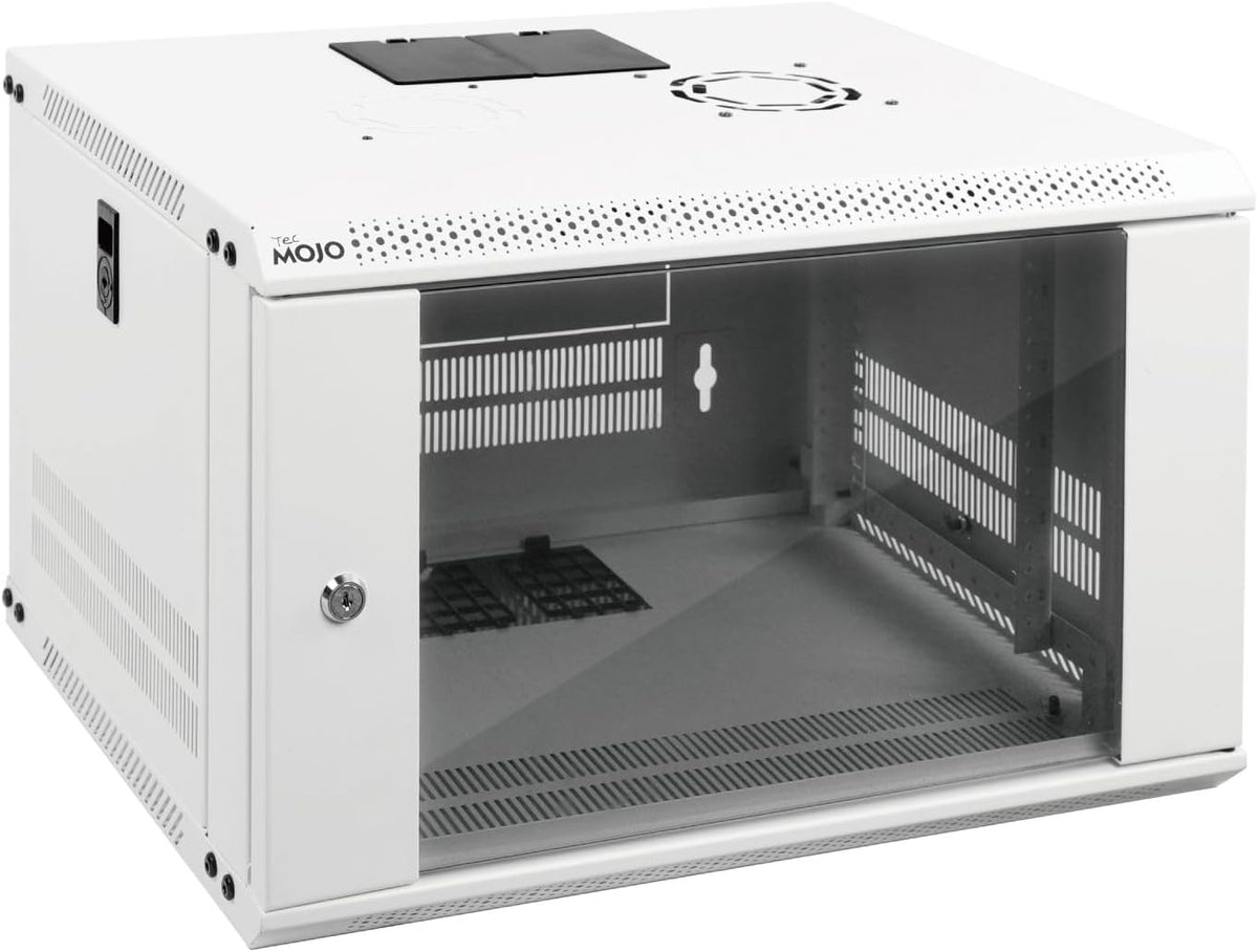 Tecmojo 6U Wall Mount Rack Network Cabinet for 19" IT Equipment,with Lockable Glass Door and Side Panels,Cooling Fan,17.7inch Depth,White