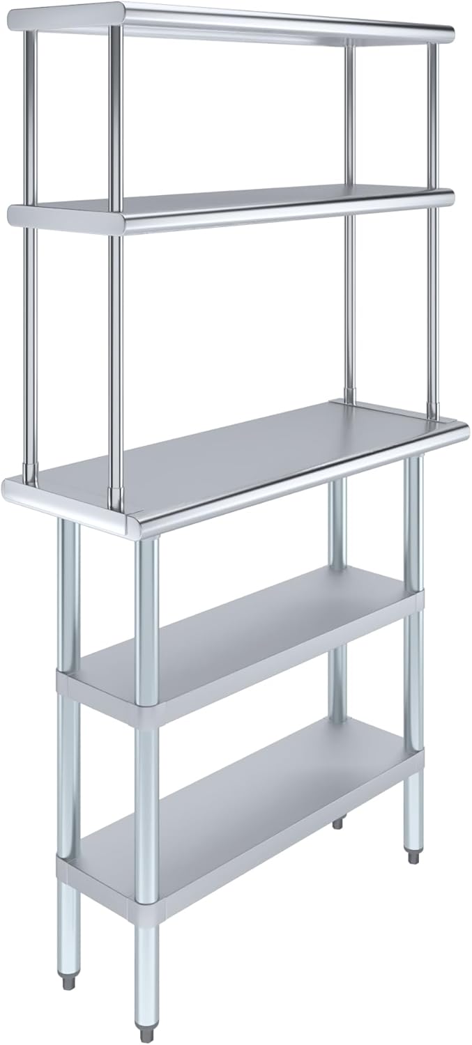 Amgood Stainless Steel Work Table with 2 Shelves | Metal Kitchen Prep Table & Shelving Combo (14" x 36" Table with 2 Shelves + 12" Overshelf)