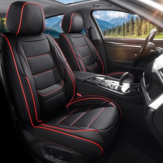 Car Seat Covers Full Set Custom Fit for Ford Ranger 1999-2025 2026-Luxury Leather with Lumbar Support, Breathable, Waterproof, Anti-Slip, Durable, Easy to Install (Black&Red,Full Set)
