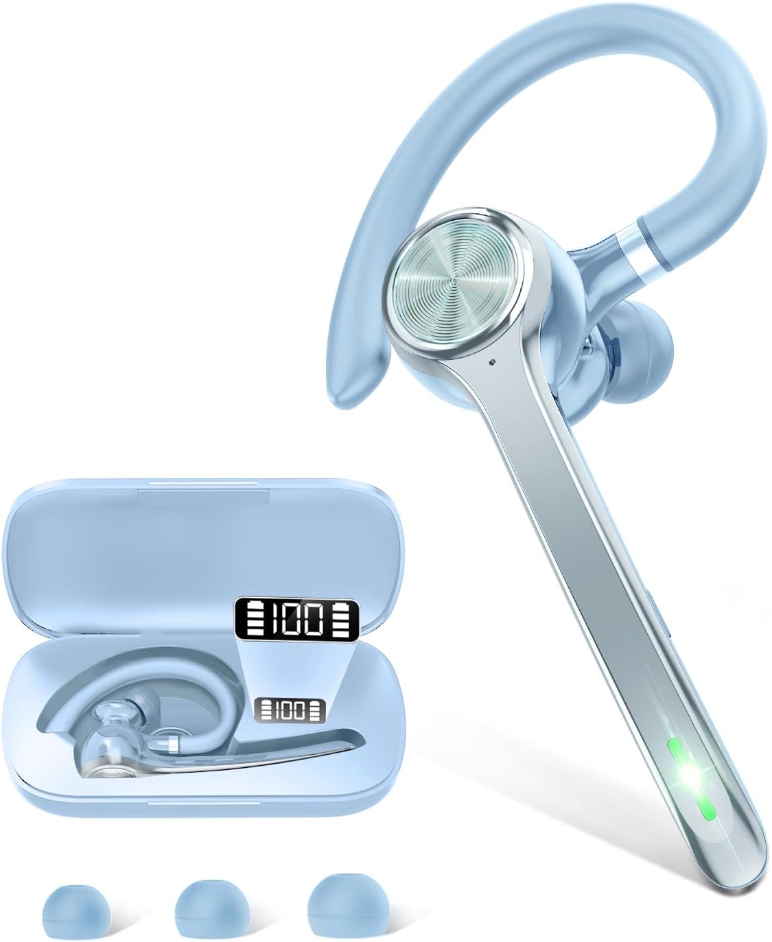 Bluetooth Headset, Wireless Bluetooth Earpiece with 500mAh Charging Case 72 Hours Talking Time Built-in Microphone for iOS Android Cell Phone, V5.1Hand-Free Headphones for Trucker-SkyBlue