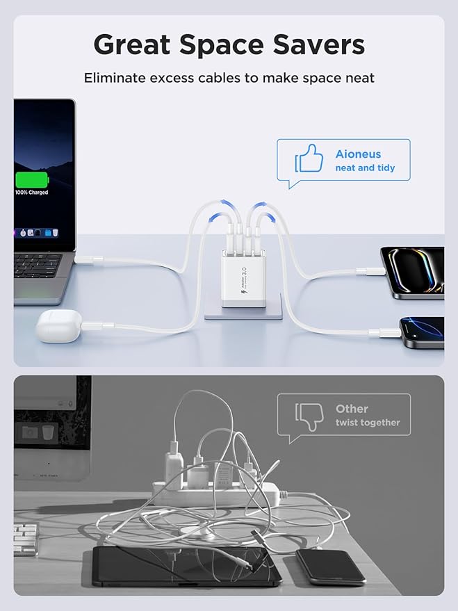 2 Pack USB C Wall Charger, 40W 4-Port USB C Fast Charger Block Dual Port QC+PD 3.0 Power Adapter, Multiport Type C Brick Charger with Lightning Cable for iPhone 14 13 12 11 Pro Max XS XR X 8 7 6 Plus