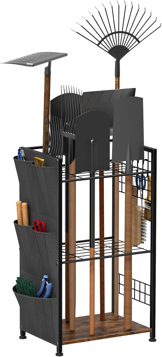 YBING Garden Tool Organizer, Yard Tool Stand with Side Storage Pockets, Yard Tower Rack for Garage Storage, Freestanding Tools Organizers and Storage for Shed, Brown