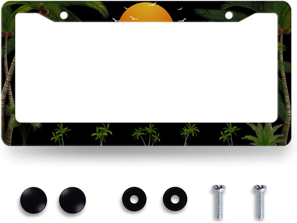 Palm Trees Sunset License Plate Frame Tropical Plants License Plate Holder Stainless Steel Front and Rear Car Tags Auto Parts Colorful License Plate Men Women Decoration with Screws 12.2" x6.2"