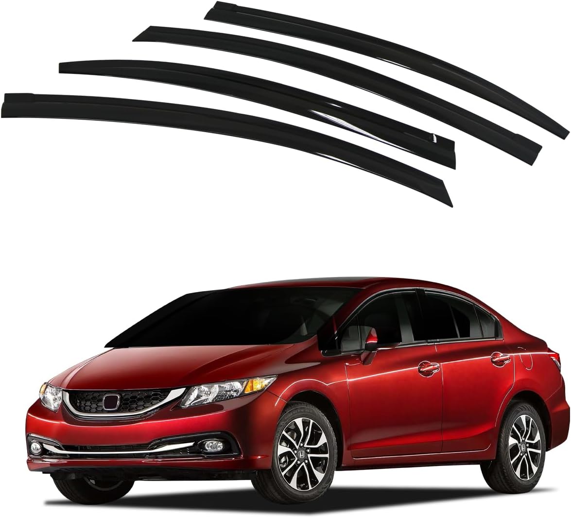 AUTOCLOVER Tape-On Rain Guards Window Visors 4 Pcs Set for Honda Civic Sedan 4dr 2012 2013 2014 2015 / Window Deflectors, Out-Channel Vent Shades (Smoked)
