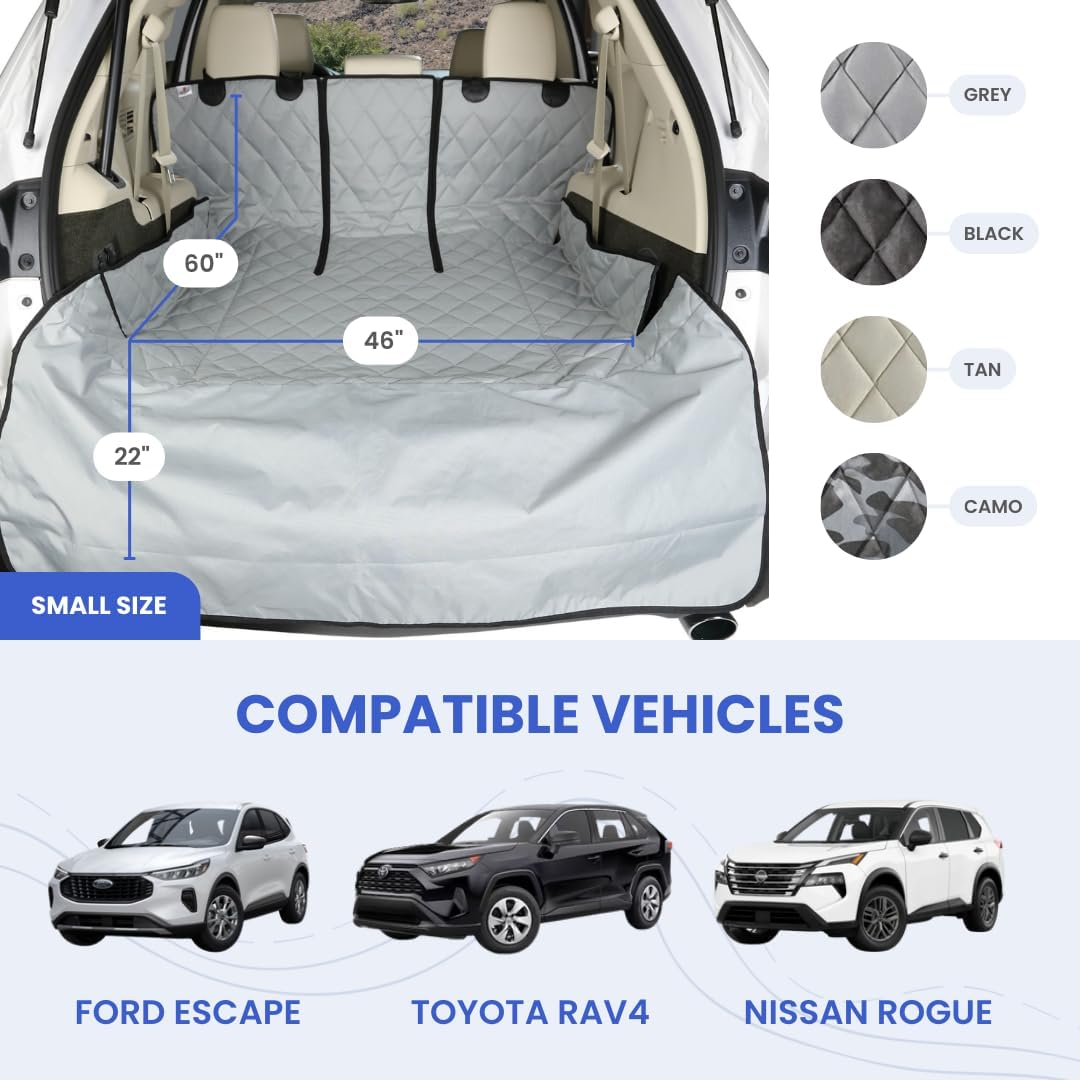 4Knines SUV Cargo Liner for Dogs, Trunk Mat for SUV, Durable Cargo Cover, Protector – Compatible with 60/40 Split Bench & Armrest Pass-Through, Waterproof, Machine Washable, Non-Slip (Small, Grey)